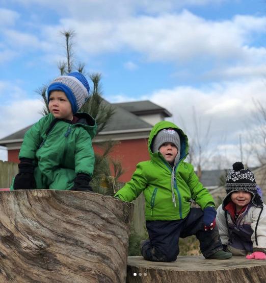Children in winter clothing climbing tree stumps